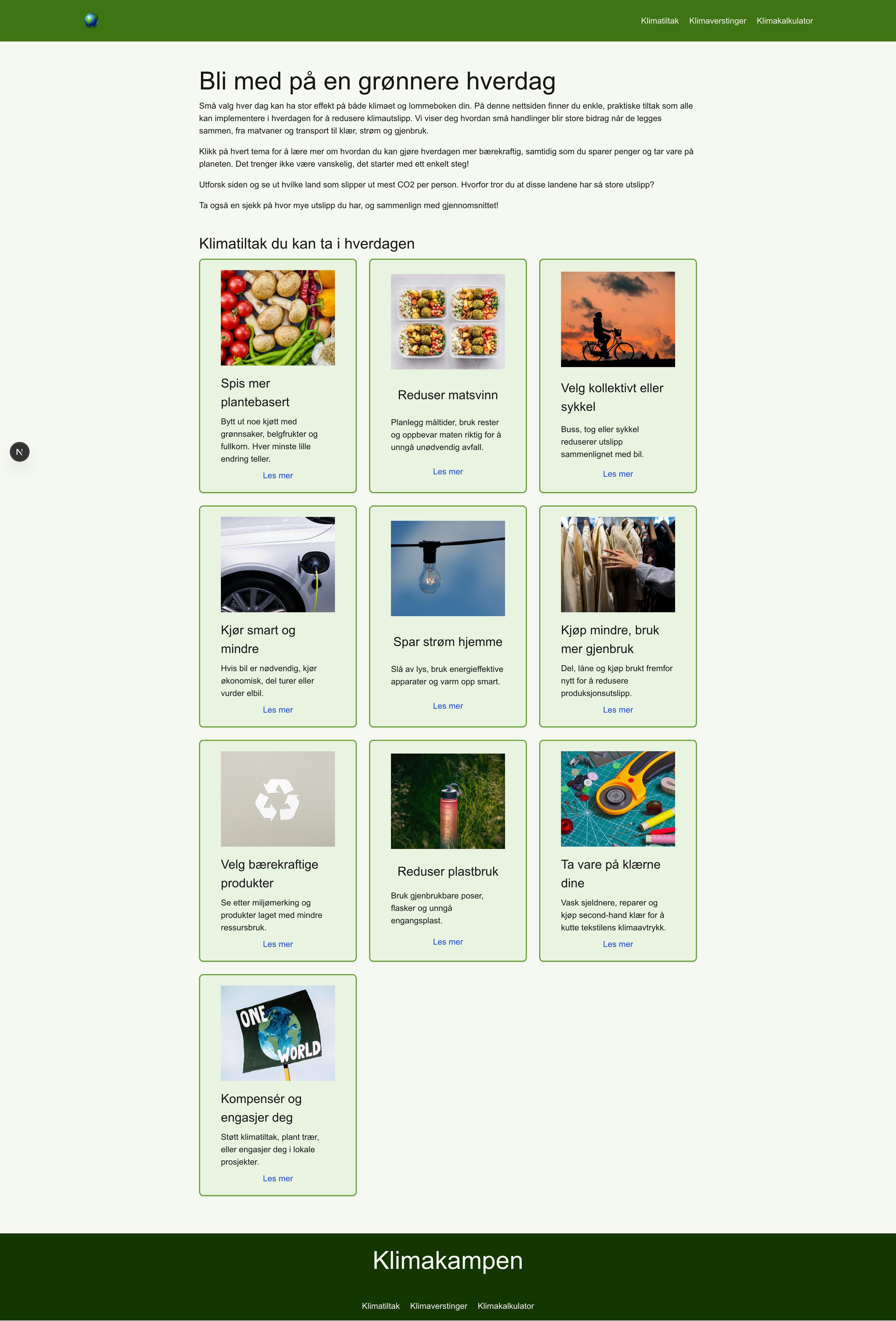 Forsiden: hero-tekst med informasjon om nettstedet, og flere kort med klimatiltak
