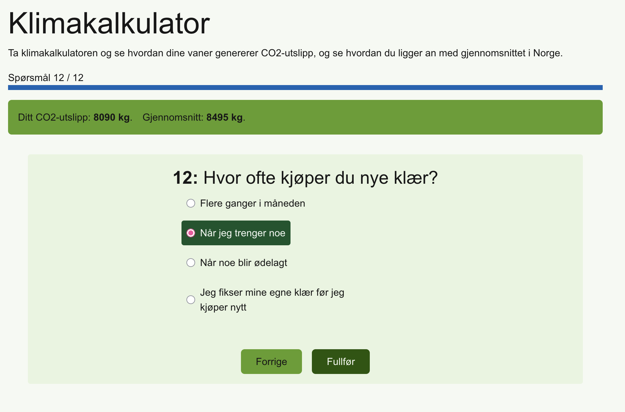 Siste spørsmål i klimakalkulatoren